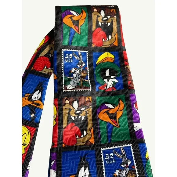 Looney Tunes Postage Stamp Collection Men's Necktie Tweety Bird Roadrunner - Picture 3 of 9